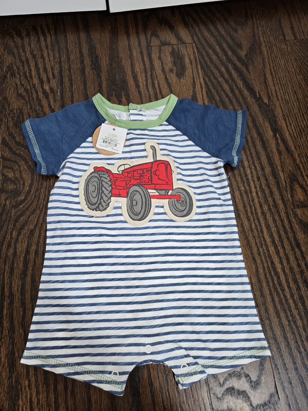 Mud Pie Blue & White Striped Tee Romper Shortalls with Red Tractor 9/12m